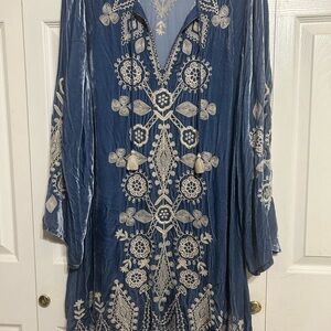 Johnny Was Blue and Cream Embroidered Dress